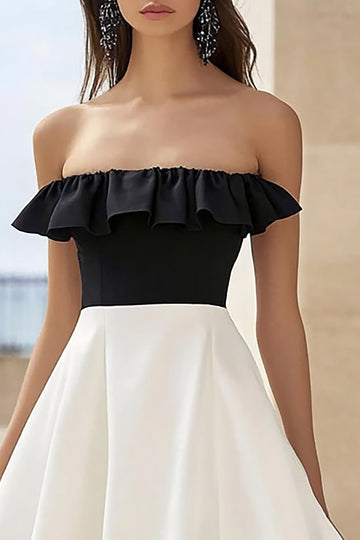 White and Black Satin A Line Strapless Graduatin Dress